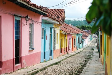 Obraz premium A charming scene of colorful houses along a cobblestone street, perfect for use in travel or architecture context
