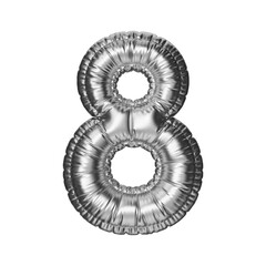 8. Silver number eight in the shape of a balloon, isolated on a transparent background. An inflatable balloon of chrome color with a glossy texture.