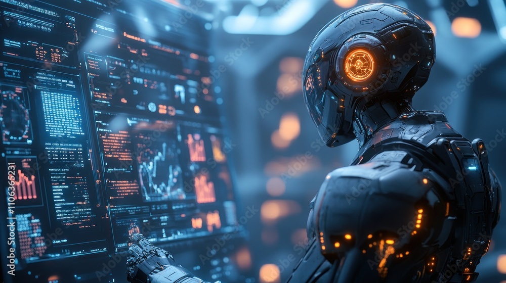 Poster futuristic robot analyzing data on a holographic screen