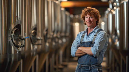 Confident Brewer in Craft Brewery with Stainless Steel Tanks