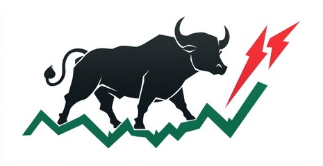A stock market bull icon with red upward trend lines on a white background