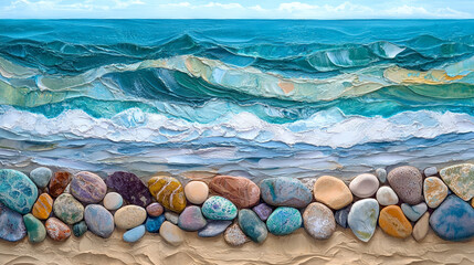 Ocean Waves Crashing on Pebbles Beach Seascape Coastal Art Painting