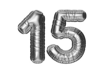 15. Glossy inflatable balloon with the number fifteen. Silver volumetric numbers isolated on a transparent background. For anniversaries, birthdays, sales, greeting cards.