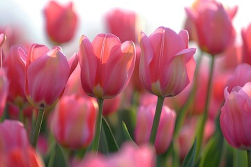Fototapeta premium A beautiful bouquet of pink tulips growing in a lush green field, perfect for spring or summer designs