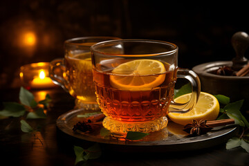 Hot Toddy Whiskey Cocktail with Honey and Lemon in Glass Mugs