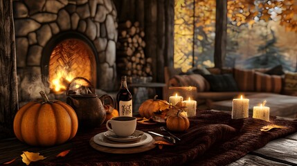 A cozy autumn scene with a cup of hot cocoa, surrounded by fall decorations like leaves and pumpkins