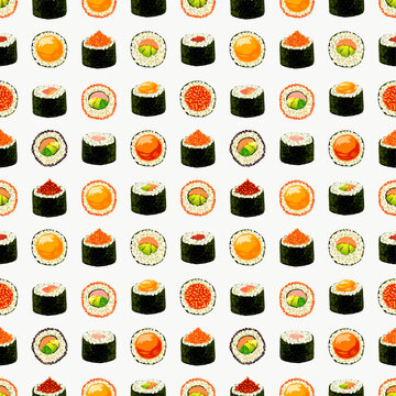 sush on a white background. seamless pattern, vector illustration. Texture for fabric, wrapping, wallpaper. Decorative print