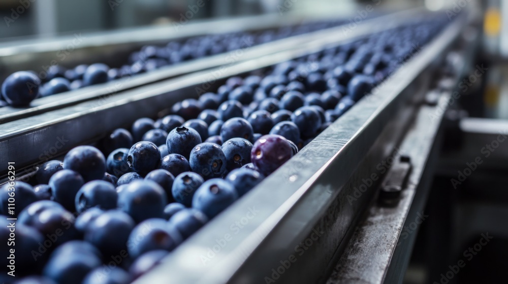 Aufkleber fresh blueberries are lined up on a conveyor belt in a juice factory during afternoon hours, ready f
