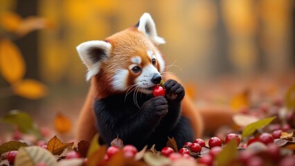 Obraz premium A playful red panda explores a colorful autumn forest, gathering berries among fallen leaves