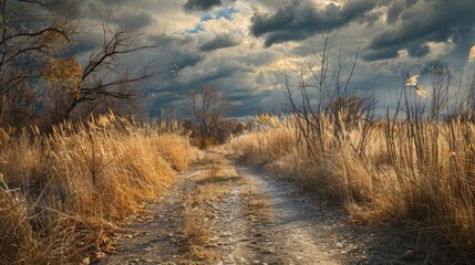 Fall country path beside woods and sun-dried tall grass under overcast sky