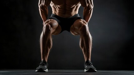 A man with a muscular body is posing with his legs spread apart