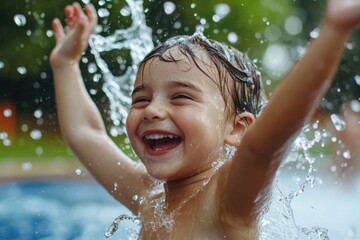 Obraz premium A young child is splashing in a pool, smiling and laughing