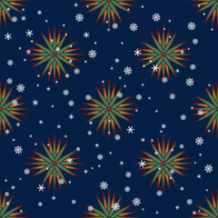 Seamless Christmas pattern with round abstract star shapes and snowflakes. Seasonal winter design.