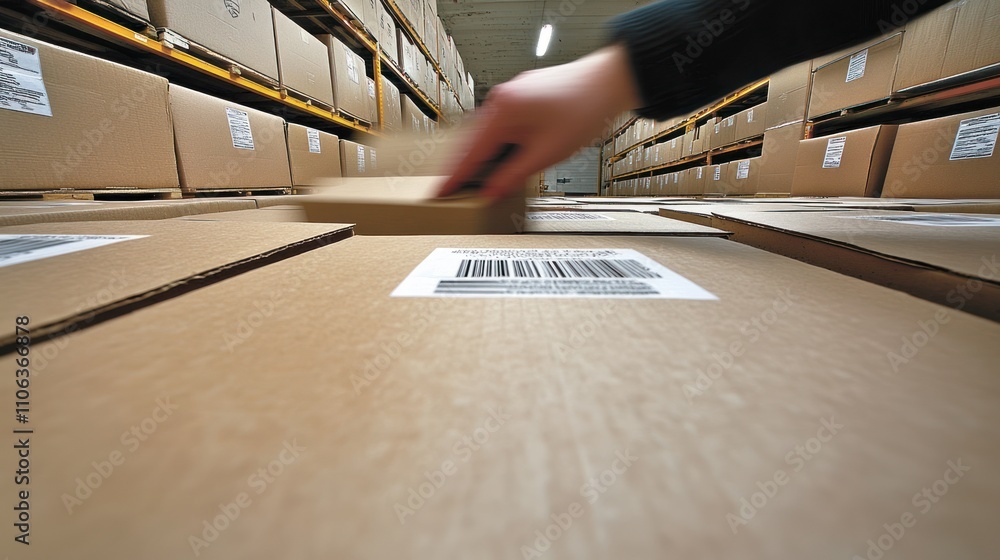 Poster warehouse worker handling cardboard boxes in a large distribution center