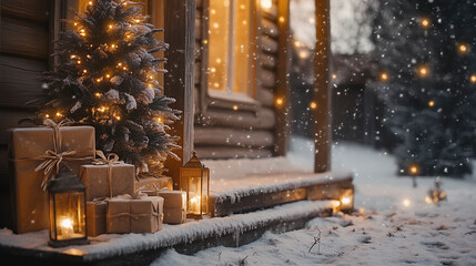 Fototapeta premium Snow-Covered Porch with Warm Golden Light