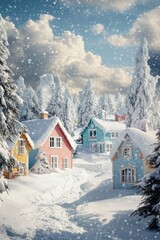 Fototapeta premium A winter landscape with a small town surrounded by tall trees under the snow