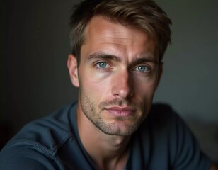 Obraz premium A young man from Russia gazes directly at the viewer with striking blue eyes. Tousled hair and relaxed expression. Introspection and tranquility. Portrait of a handsome man of 30 years. Generative AI
