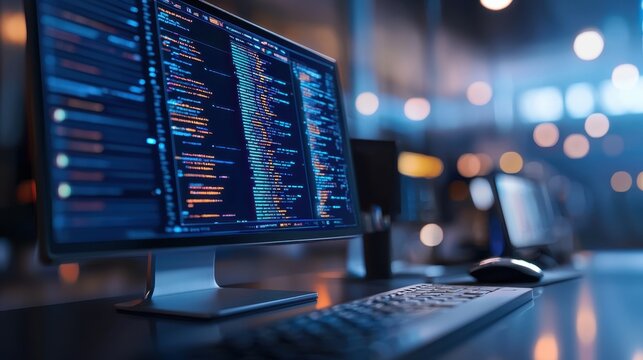 A computer monitor displays a complex code on its screen