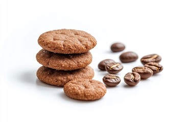A stack of cookies and coffee beans on a white surface, perfect for baking or office break room