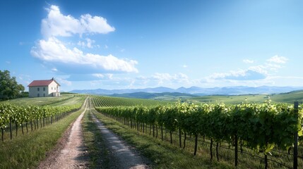 Fototapeta premium A road runs through a vineyard with a white house in the distance