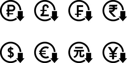 Currency Exchange. Currency exchange rate icon. Stock market. Cost reduction. Cost increase icon. Price reduced, discount icon. Financial or business sign