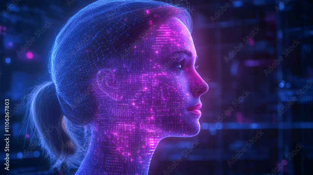 Poster female profile with digital light patterns in futuristic setting