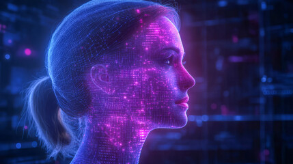 Female profile with digital light patterns in futuristic setting