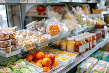 A colorful display case filled with various food items