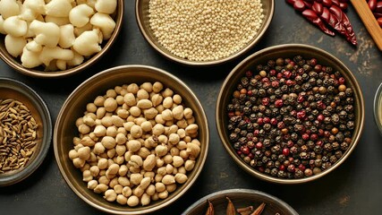 A variety of spices and grains displayed in bowls on a dark surface highlighting culinary ingredients and flavors