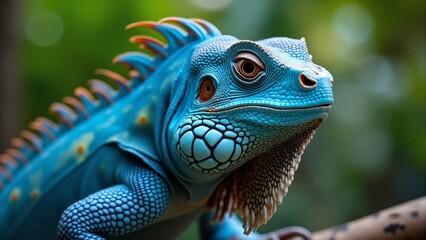Fototapeta premium A vibrant blue iguana perched on a branch amidst lush greenery in a tropical setting