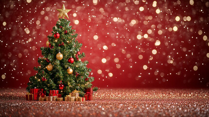Festive Christmas Tree with Gifts on Red Glitter Background