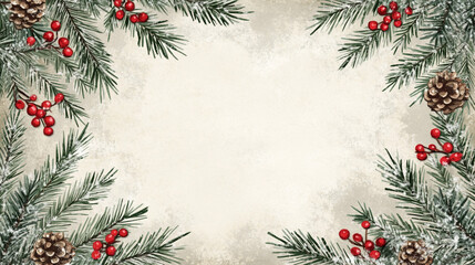 Festive Winter Holiday Background Snowy Pine Branches Berries Pine Cones