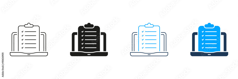 Poster clipboard with checklist on laptop line and silhouette icon set. application form pictogram. questio