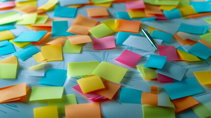 Colorful sticky notes and pen on desk creating a vibrant office environment