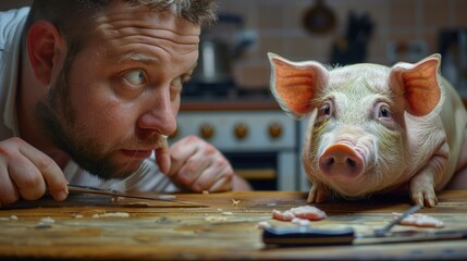 A person examines a pig on a butcher block, possibly for culinary or educational purposes