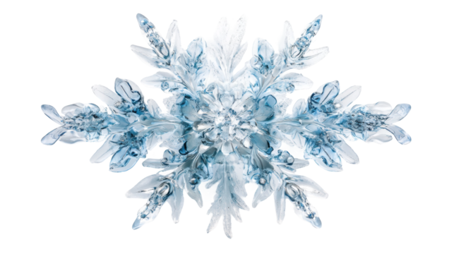Complex snowflake crystal growing on transparent background