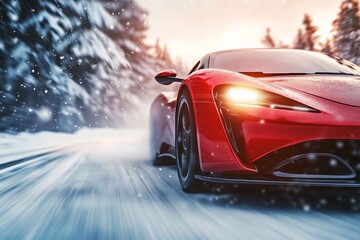 A close-up shot of a red electric super car racing on a snowy road, background blurred with snow, glowing light from headlights creating a winter magic effect 1