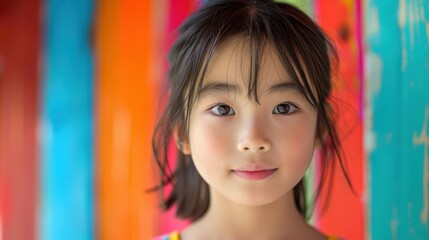 Fototapeta premium Against a backdrop of colors, an Asian student's thoughtful expression captures the essence of his educational exploration