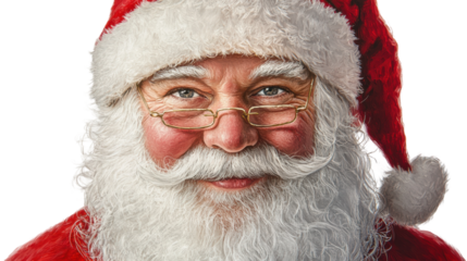 Santa claus wearing glasses is smiling on transparent background