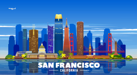 San Francisco City (USA) line skyline with panorama in white background. Vector Illustration. Business travel and tourism concept with modern buildings. Image for banner or website.
