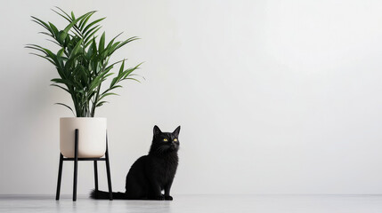 Black cat sitting next to indoor plant in minimalist room