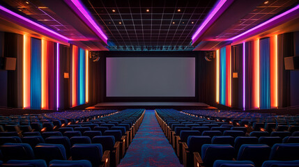 Modern Movie Theater Auditorium Colorful Lighting Empty Seats Cinema