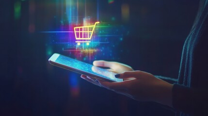 Glowing shopping cart hologram digital sale promotion poster design for holiday shopping season.