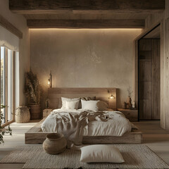 Bedroom with natural wood, neutral decor, and soft lighting . photo