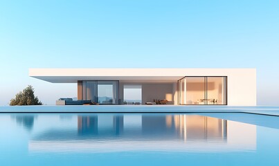 Fototapeta premium The house in the early morning light, with the bright blue sky providing a serene