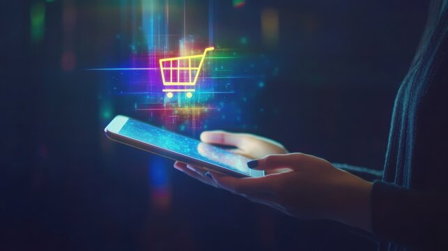 Glowing shopping cart hologram digital sale promotion poster design for holiday shopping season.