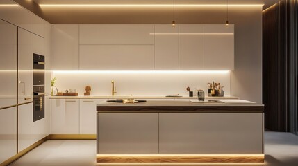 Fototapeta premium A sleek kitchen with glossy white cabinets, soft ambient lighting, and a central island with wooden accents, featuring brass hardware and minimalist decor.