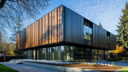 Obraz premium Modern architectural design of a glass and metal building surrounded by lush greenery on a clear day in an urban park