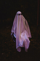 A ghostly figure on a swing, draped in a white sheet, wears dark sunglasses. The scene is eerie,...