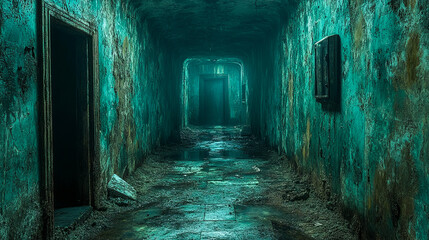 Eerie abandoned corridor with mossy walls and dim lighting